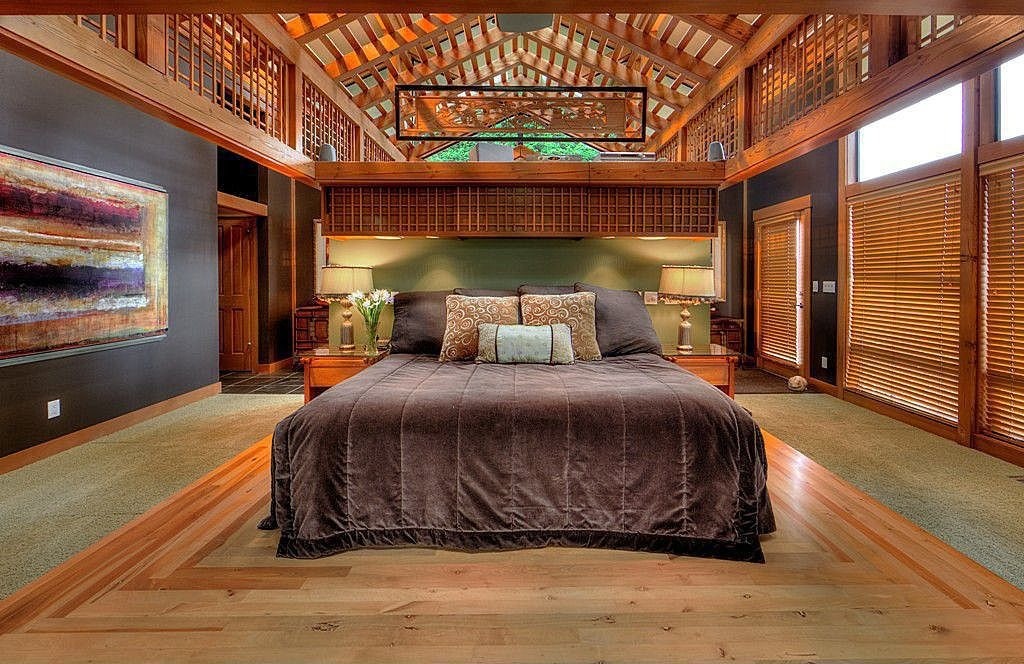 Bedroom with bed in center and high wooden open ceiling 1024x664 - 33 Bedroom Feng Shui Tips to Improve Your Sleep