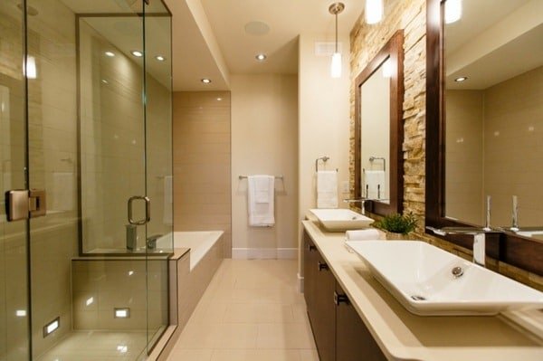 Narrow bricks make natural stone bathroom without window 1 - 7 Tips to Minimize Your Bathroom’s Bad Feng Shui